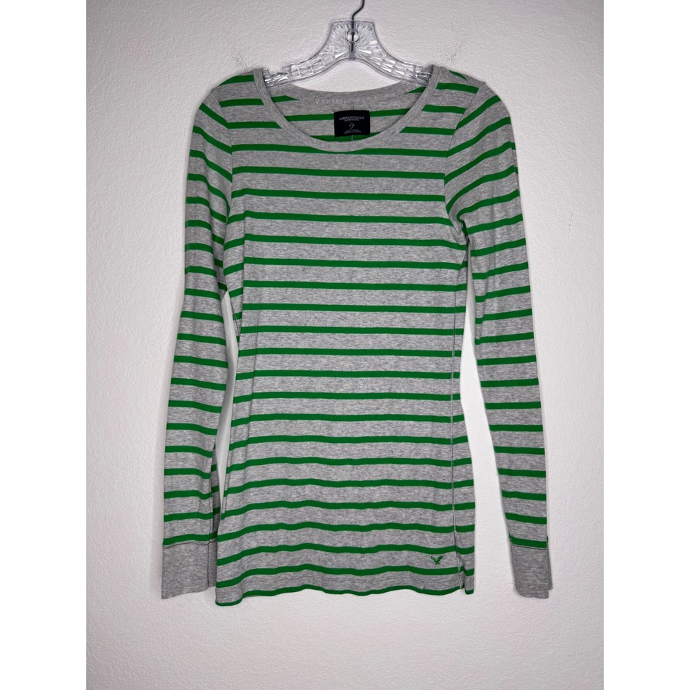 American Eagle Outfitters Womens Grey Green Striped Long Sleeve Top Large BG13